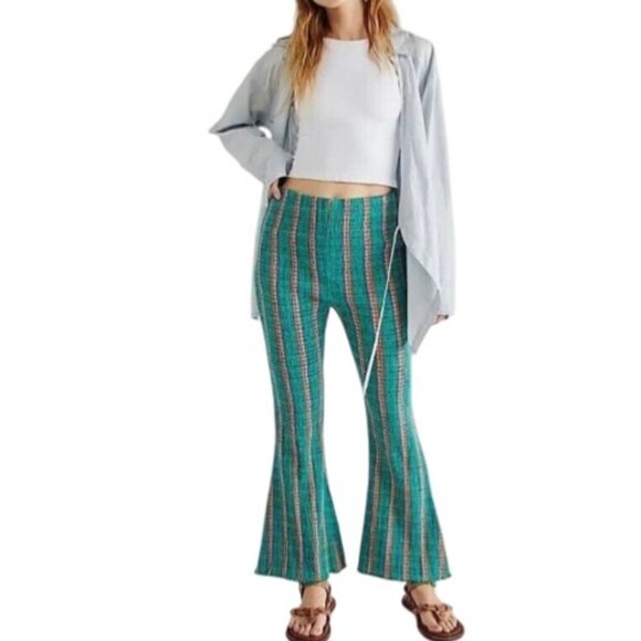 Free People Womens Fine Line Slim Striped Smocked Flare Pants Size L - Picture 1 of 11